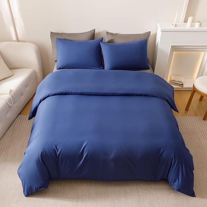 Houseri Royal Blue Comforter Set Queen Neutral Navy Bedding Men Women Japanese Style Solid Blue Vintage Farmhouse Bed Sets Queen Size