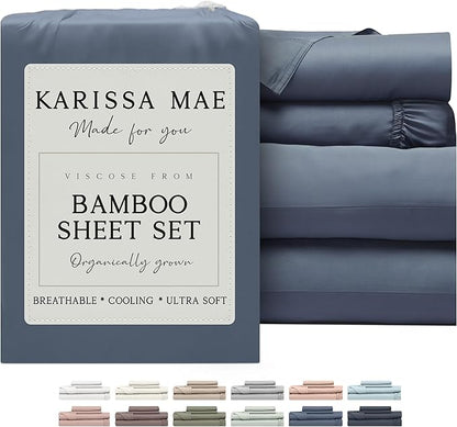 KARISSA MAE Cooling Bamboo Viscose Split King Sheet Set | 100% FSC Certified | 18” Deep Pocket | Silky, Soft, & Hypoallergenic | with Organizer Band & Elastic Corner Straps [Slate Blue]