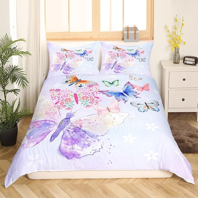 Purple Butterfly Bedding Set Kids Girls Butterflies Duvet Cover Set Daisy Flowers Comforter Cover Set Rustic Flying Animal Bedspread Cover Bedroom Quilt Cover Full with 2 Pillowcase,No Comforter