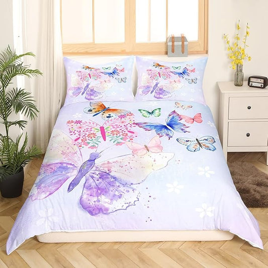 Purple Butterfly Bedding Set Kids Girls Butterflies Duvet Cover Set Daisy Flowers Comforter Cover Set Rustic Flying Animal Bedspread Cover Bedroom Quilt Cover Twin with 1 Pillowcase,No Comforter