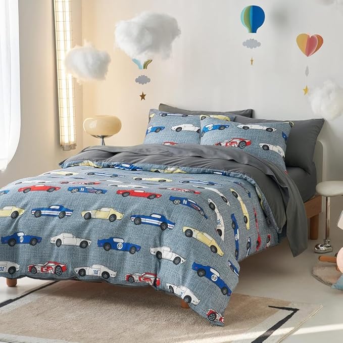 Wake In Cloud - Race Car Bedding Set for Boys, Cute Colorful Sports Car Supercar Wheels Comforter Set with Sheets, 5 Pieces Kids Bed in a Bag, Gray, Twin Size