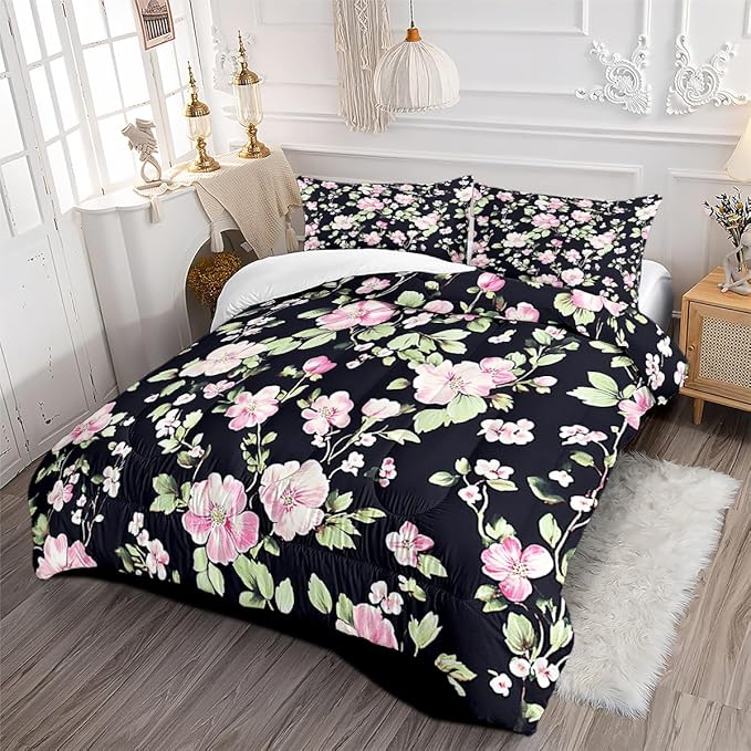 3Pcs Vintage Black Pink Botanical Flowers Comforter Set for All Seasons, Cottage Flowers Leaves Pattern Bedding Set King Size for Girls Adults, 1 Comforter (104" x 90"), 2 Pillowcases