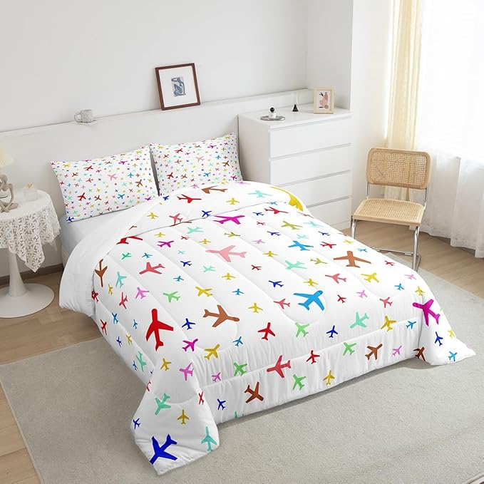 Castle Fairy Kids Aircraft Queen Size Comforter Set,Watercolor Transportation Vehicles Down Alternative Comforter Bedroom Decor,Boys Airplanes Colorful Soft Microfiber Inner Fill 3Pcs Bedding