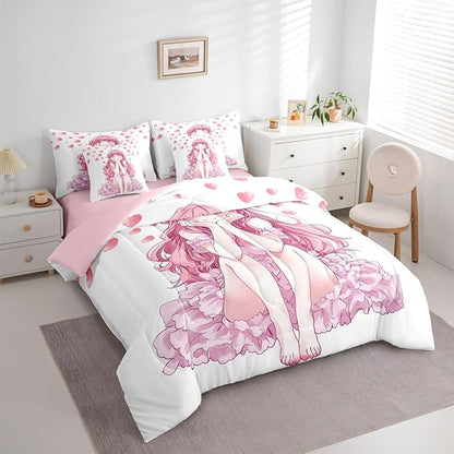 Erosebridal Pink Kawaii Bedding Set for Kids,Cute Anime Girl Bed in A Bag Japanese Style Girl Twin Comforter Set 7 Piece Girly Sheet Set with Comforter Bedroom Decor