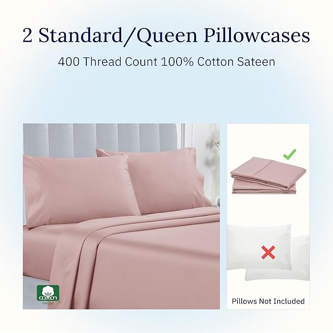 California Design Den Queen/Standard Pillow Cases Set of 2-400 Thread Count Sateen, Natural 100% Cotton, Pillow Covers Queen Size, Soft, Roomy and Breathable - Mauve