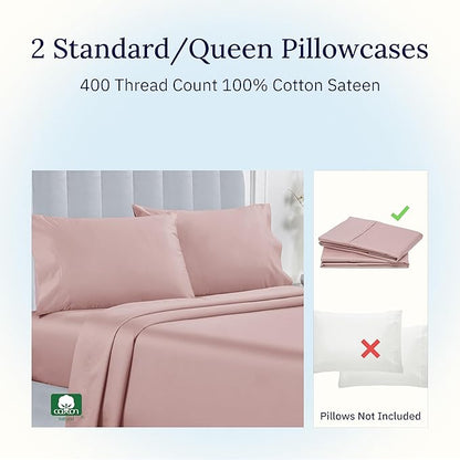 California Design Den Queen/Standard Pillow Cases Set of 2-400 Thread Count Sateen, Natural 100% Cotton, Pillow Covers Queen Size, Soft, Roomy and Breathable - Mauve