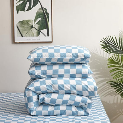 Houseri Light Blue White Plaid Twin Size Comforter Sets Boys Girls Kids Baby Blue Buffalo Checkered Bedding Set Twin Aqua Blue Grid Checkerboard Bedding Comforter Preppy Dorm Check Comforters Twin