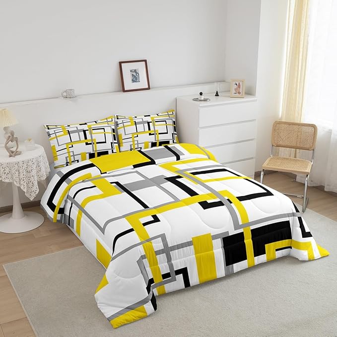 Grey Golden Black White Comforter Set,Colorful Geometric Square Bedding Set for Kids Boys Girls Bedroom Decor,Grid Plaid Stripes Quilted Duvet Queen,Modern Simple Style Graphic Down Comforter