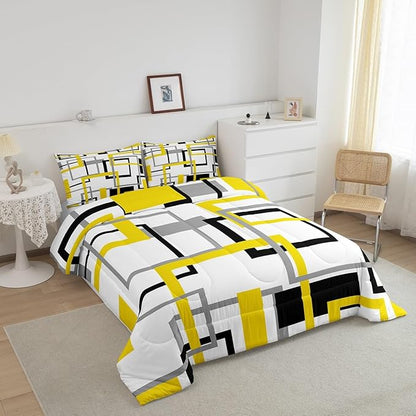 Grey Golden Black White Comforter Set,Colorful Geometric Square Bedding Set for Kids Boys Girls Bedroom Decor,Grid Plaid Stripes Quilted Duvet Full,Modern Simple Style Graphic Down Comforter
