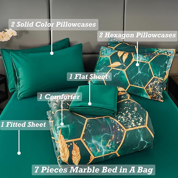 ANGIYUIN Emerald Green Printed Marble Comforter Set Queen, 7Pcs Geometric Hexagon Theme with Gold Leaf Bed in A Bag, Modern Foil Print Bedding Sets with Sheets Pillowcases (Green Queen)