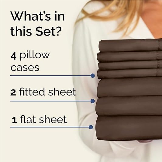 Split King 7 Piece Sheet Set - Comfy Breathable & Cooling - Ultra-Soft Hotel Luxury Bedding Set w/ 8-16 Inch Deep Pockets - 1 Flat & 2 Fitted Sheet & 4 Pillowcases - Wrinkle Free & Easy Care - Brown
