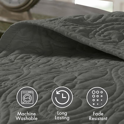 Madison Park Quebec Reversible Quilt Set Damask Design, Double Sided Stitching All Season, Lightweight Bedspread Bedding Set, Matching Sham, Dark Grey, Full(96"x110") 3 Piece