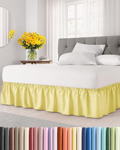 Wrap Around Dust Ruffle Bed Skirt - Yellow - Twin/Twin XL Size Beds with 12 Inch Drop - Easy Fit Elastic Strap - Adjustable Pleated Bedskirt w/Brushed Fabric - Wrinkle Free - Women, Men, Kids & Teens