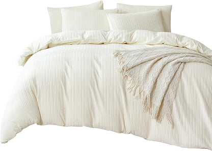 Comforter Set Queen Size Striped Soft Luxury Washed Microfiber Jacquard 3 Pieces Bedding, White Beige Vertical Ticking Stripes Comforter with 2 Pillowcases Breathable Durable Comfy