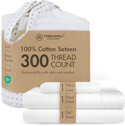 Threadmill Cotton Twin Sheet Set | 100% Cotton Sheets for Twin Size Bed | Damask Jacquard Sateen Twin Bed Sheets Set with 16” Deep Pocket | Soft Breathable 3-Piece Cooling Sheet Set | White