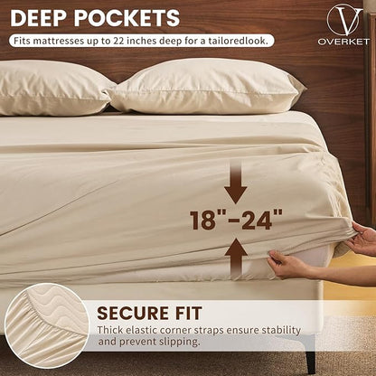 100% Linen Sheet Set King Size Extra Deep Pocket Fits 18-24 Inch Mattress, Breathable & Soft, Smooth 4-Piece Set for Thick Mattresses Hotel Luxury Bedding（King, Linen）
