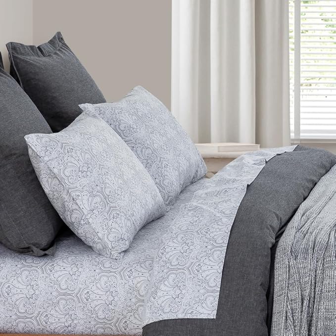 100% Cotton Sheets Set Twin Size Printed Bedding Sets, Up to 14" Deep Mattress, Farmhouse Pattern Bedlinen Set, Gray Damask