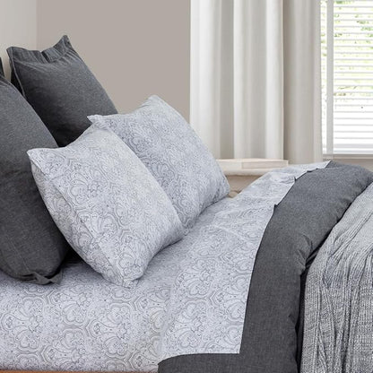 100% Cotton Sheets Set Twin Size Printed Bedding Sets, Up to 14" Deep Mattress, Farmhouse Pattern Bedlinen Set, Gray Damask