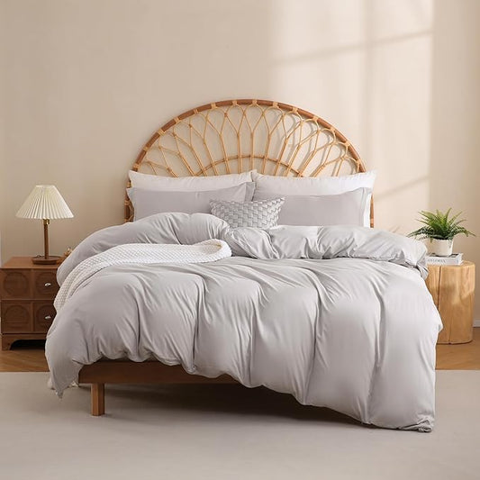JSD Light Grey Duvet Cover Set King Size, 3 Piece Duvet Cover with Pillow Shams, Soft Brushed Microfiber Zipper Closure, Comforter Not Included
