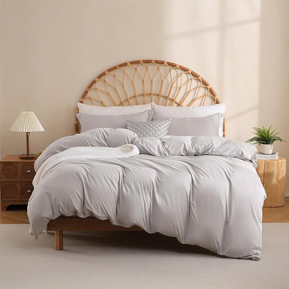 JSD Light Grey Duvet Cover Set Full Size, 3 Piece Duvet Cover with Pillow Shams, Soft Brushed Microfiber Zipper Closure, Comforter Not Included