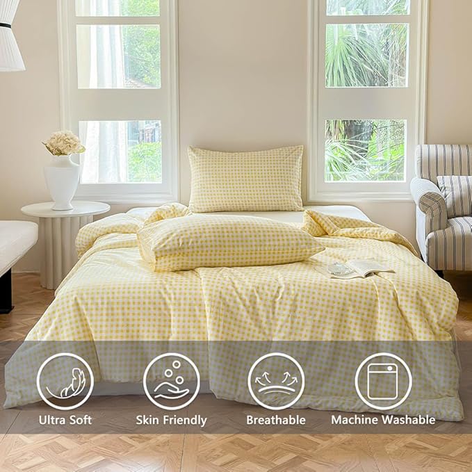 NSNLGSGC Yellow Gingham Cotton Comforter Set Queen, 100% Washed Cotton Plaid Checked Comforter Bedding, 3 Pieces Vintage Farmhouse Grid Bedding Set(Yellow Gingham, Queen)