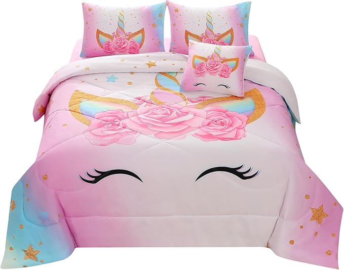 JQinHome Unicorn Queen Bedding Sets for Girls Kids,6 Piece Bed in A Bag 3D Colorful Flower Girl Unicorn Comforter Set(1 Comforter,2 Pillowcases,1 Flat Sheet,1 Fitted Sheet,1 Cushion Cover)