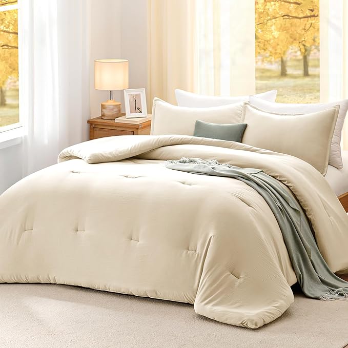 Oversized King Comforter Set Cream,3PCS Soft Lightweight Breathable Bedding Comforter for All Season, Oversized King Size(120''×98'' Comforter & 2 Pillowcases)