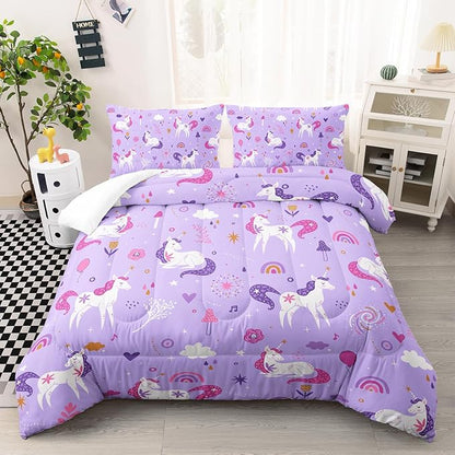 Unicorn 3 Piece Bedding Set - Violet 3 Pieces Bedding Set for Kids, Unicorn Girls Comforter Set, Rainbow Clouds Star Quilt Set (1 Comforter 2 Pillowcase), All Seasons