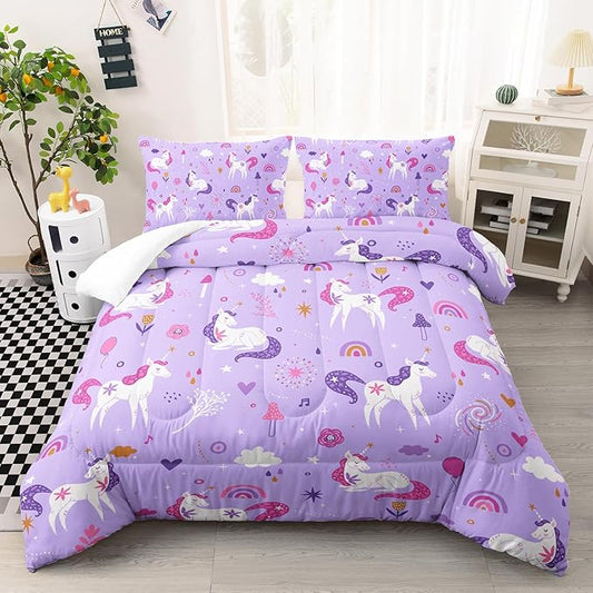 Unicorn 3 Piece Bedding Set - Violet 3 Pieces Bedding Set for Kids, Unicorn Girls Comforter Set, Rainbow Clouds Star Quilt Set (1 Comforter 2 Pillowcase), All Seasons