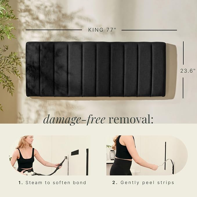 Hearth & Harbor Wall Mounted King Headboard Only, Bed Headboard King Size | Easy Assemble, Floating Peel and Stick, Upholstered, Channel Stitched, 3D Wall Panels, 5 Strips of 3M Tape Included, Black