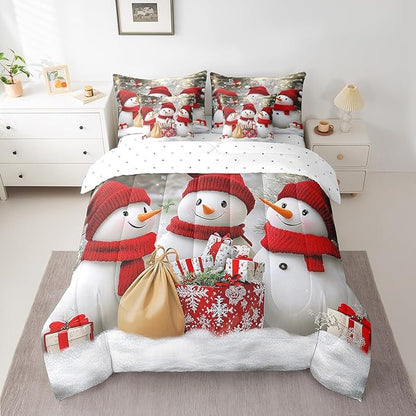 Cartoon 3D Snowman Comforter Set Bed in a Bag 7 Pieces Queen,Retro Farmhouse Christmas Theme Bedding Set,Witer Snow Watercolor Gifts (Comforter+Fitted+Flat Sheet+2 Pillowcases+2 Throw Pillow Covers)
