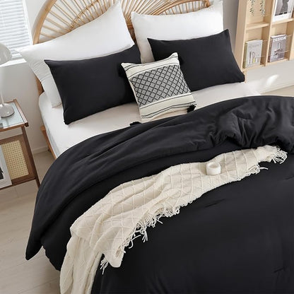 weigelia Full Size Comforter Sets Modern 3PCS Microfiber Black Comforter Full for All Season Comforter for Men, Women Boho Solid Soft Lightweight Bed Comforter Set