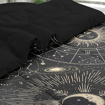 Comforter Set King Size, Sun Moon Astrology 7 Pcs Bedding for Kids and Adults, Space Science Galaxy Retro Bed Sheet Sets with Fitted Sheet 2 Pillowcases & 2 Shams for Bedroom Bed Decor
