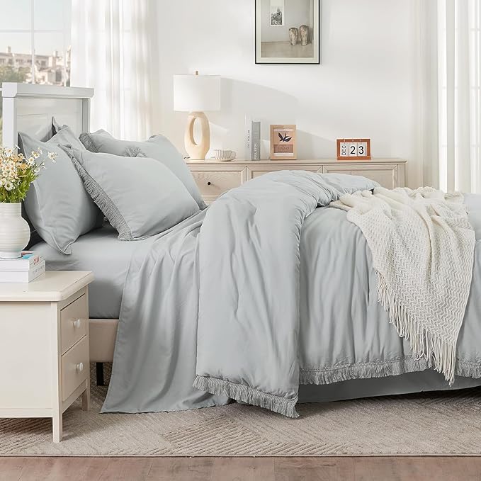 Andency Oversized King Comforter Set Light Grey 120x98-7 Pieces Boho Tassel Bed in a Bag Soft Lightweight Bedding Sets, Fringe All Season Bed Set with Comforter, Sheets, Pillowcases & Shams