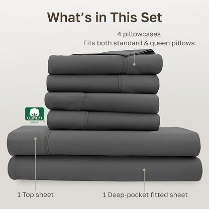 California Design Den 6-Pc Queen Size Sheet Set with 4 Pillowcases - 400 Thread Count 100% Cotton Sheets, Sateen Weave, Deep Pocket Bedsheets Set - Grey