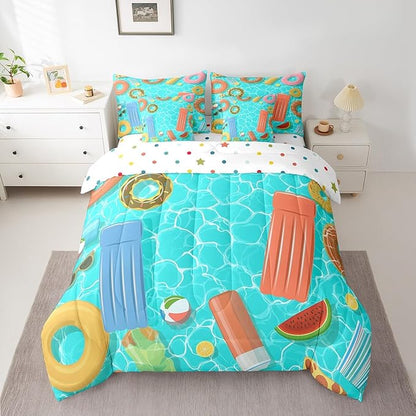 Swimming Pool Bedding Sets Watermelon Fruit Decor Summer Theme Comforter Set for Kids Teens Adults Bed in a Bag(Comforter Flat Sheet Fitted Sheet 2 Pillowcases 2 Throw Pillow Covers) 7 Pcs King