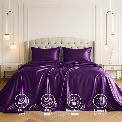 Satin Sheets King [4-Piece, Purple] Hotel Luxury Silky Bed Sheets - Extra Soft 1800 Microfiber Sheet Set, Wrinkle, Fade, Stain Resistant - Deep Pocket Fitted Sheet, Flat Sheet, Pillow Cases