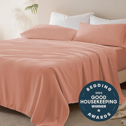 SLEEP ZONE Nanotex Super Soft Cooling Queen Bed Sheets Set 4 Piece - Easy Care Fitted Flat Sheet & Pillowcase Sets - Wrinkle Free, Fade Resistant, Deep Pocket 16" (Dull Pink, Queen)