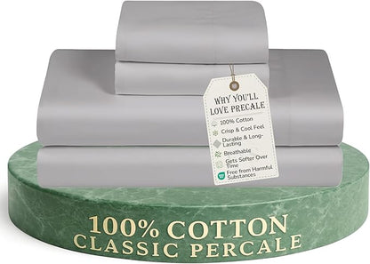 Feather & Stitch Softest 100% Cotton Sheets, 300 Thread Count Percale Weave Bedding, 16" Deep Pocket, Cooling Sheets, Breathable Bed Set, Hotel Premium Quality (Full, Grey)