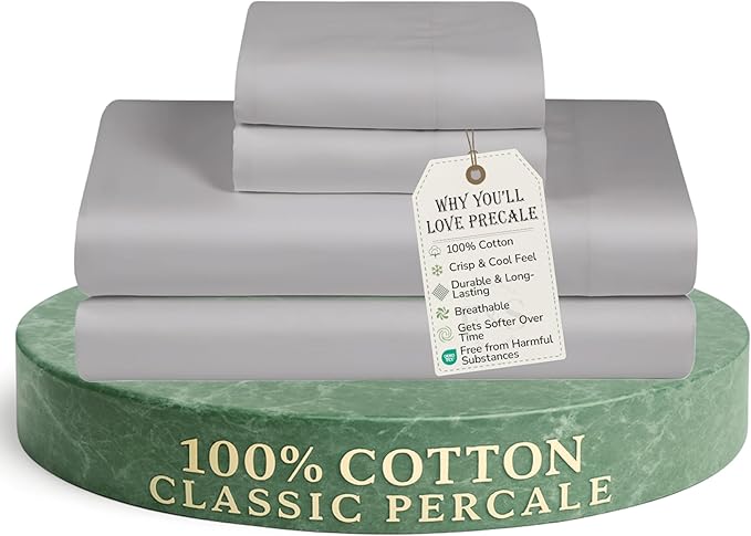 Feather & Stitch Softest 100% Cotton Sheets, 300 Thread Count Percale Weave Bedding, 16" Deep Pocket, Cooling Sheets, Breathable Bed Set, Hotel Premium Quality (Queen, Grey)