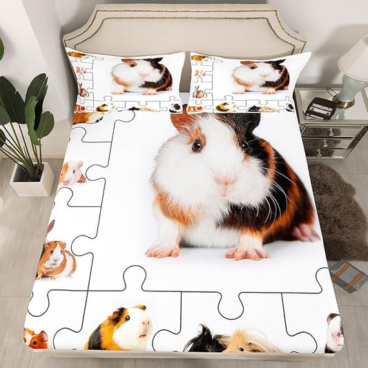 Guinea Pig Sheets Set King,Lovely Animals 3D Cavy Decor Bedding Set for Youth Women Bedroom,Cute Guinea Pigs Pet Bed Set with Deep Pocket Fitted Sheet with 2 Pillow Case