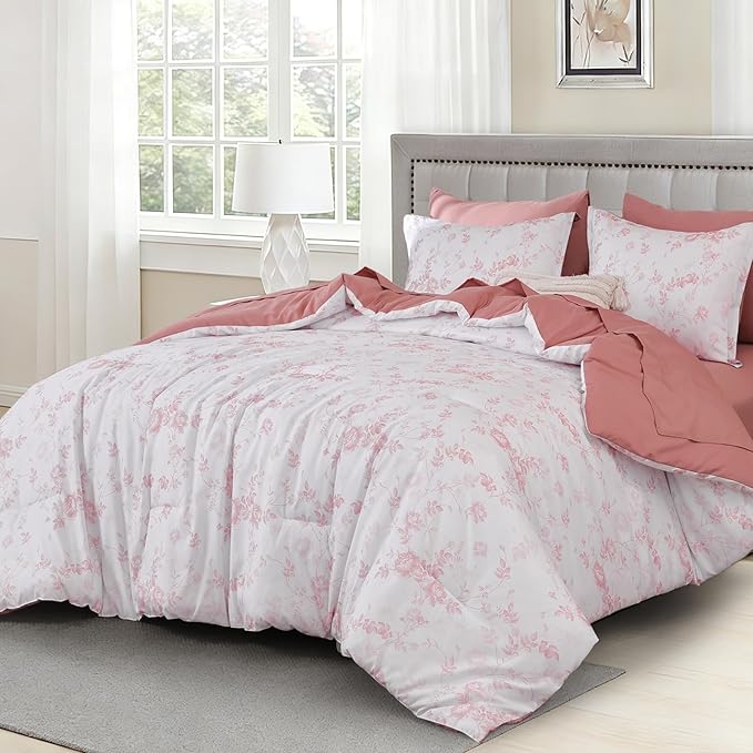 Luxudecor Floral King Comforter Set 7 Pieces Bed in a Bag, Blush Pink Rose Romantic Flower Bed Set, Soft Reversible Comforter with Sheet Set 104"x90"