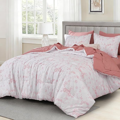 Luxudecor Floral King Comforter Set 7 Pieces Bed in a Bag, Blush Pink Rose Romantic Flower Bed Set, Soft Reversible Comforter with Sheet Set 104"x90"