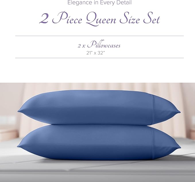 Carressa Linen 100% Egyptian Cotton Pillow Cases Queen Size Set of 2 - Luxury 600 Thread Count Standard/Queen Pillowcases, Silky Soft, Cooling Sateen Weave Hotel Quality Pillow Cover (Marine Blue)