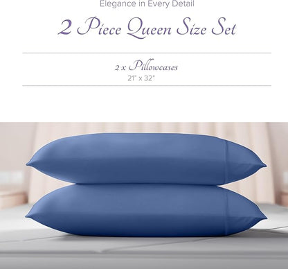 Carressa Linen 100% Egyptian Cotton Pillow Cases Queen Size Set of 2 - Luxury 600 Thread Count Standard/Queen Pillowcases, Silky Soft, Cooling Sateen Weave Hotel Quality Pillow Cover (Marine Blue)