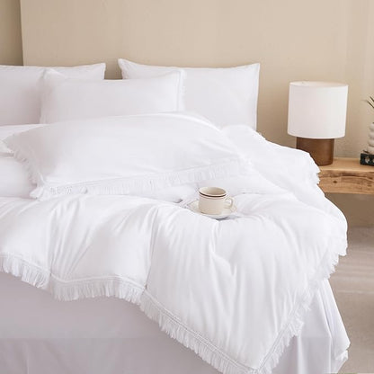 Andency Full Size Comforter Set White -7 Pieces Boho Tassel Bed in a Bag Soft Lightweight Bedding Sets, All Season Fringe Bed Set with Comforter, Sheets, Pillowcases & Shams