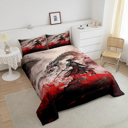 Dragon Comforter Set Full Size,Japanese Samurai Bedding Set Kids Boys Teens Men Home Decor Magical Animals 3D Dragon Quilt Set,Western Wildlife Theme Black Red Ink Style Duvet Insert,2 Pillowcases