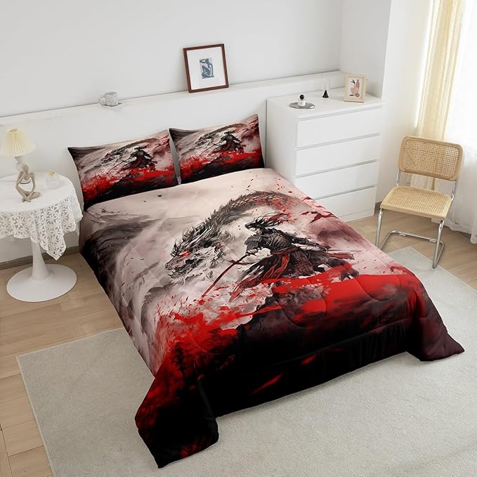 Dragon Comforter Set Queen Size,Japanese Samurai Bedding Set Kids Boys Teens Men Room Decor 3D Dragon Magical Animals Quilt Set,Western Wildlife Theme Black Red Ink Style Duvet Insert,2 Pillowcases