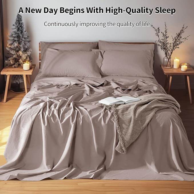 LBRO2M 100% Pure Linen Sheet Set Deep Pocket Up to 16" Bed Sheets Sets, Natural Flax Beddings Soft, Breathable, Comfortable for All Seasons 6 Pcs Sheet Set King Size, Mauve Desert