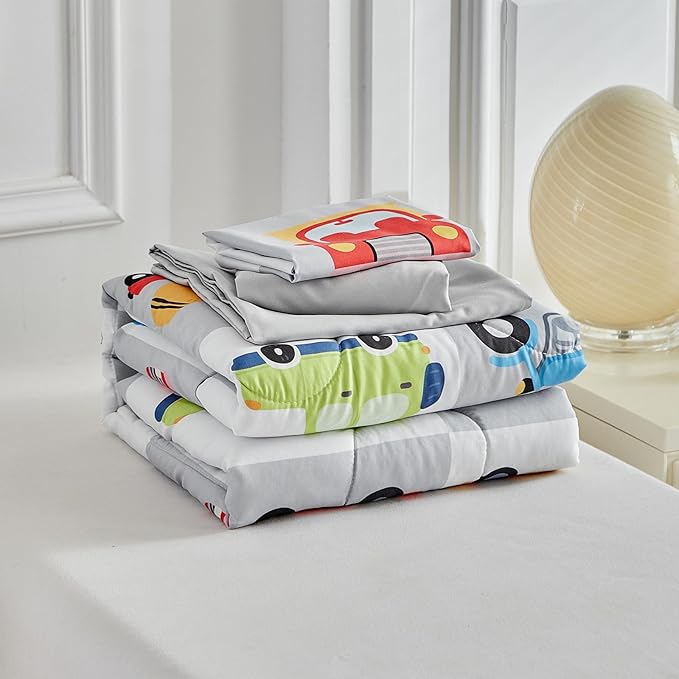 White Gray Toddler Bedding Set for Boys Girls Colorful Cars Vehicle Auto Fire Engine Bulldozer 4PC Toddler Bed Set - Soft Cute Toddler Plaid Patchwork Bed in a Bag with Sheet Set and Pillow Shams